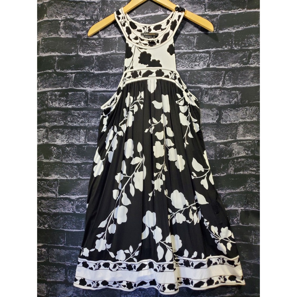 BCBGMAXAZRIA Midi Dress Womens Large Black White Floral Pockets Pullover Stretch